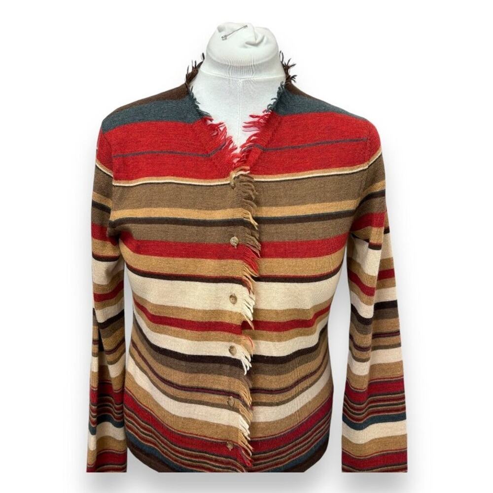 Jones New York Country Women’s VTG 90s Merino Wool Striped Cardigan Sweater L - Picture 2 of 8